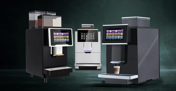 A high-resolution product lineup featuring three distinct bean-to-cup coffee machines—a high-capacity multi-hopper model on the left, a minimalist white model in the center, and a sleek black flagship model on the right—set against a dark, atmospheric background.